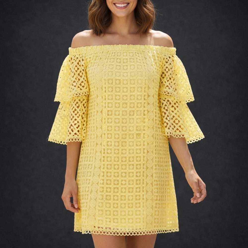 NWT Just Me Yellow Off-the-Shoulder Mini Dress with Ruffled Sleeves, small